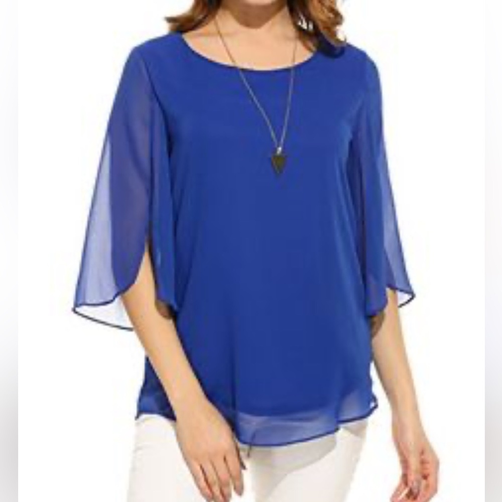 AB Studio Royal Blue Sheer Chiffon Overlay Blouse Batwing Sleeve Women's Xl